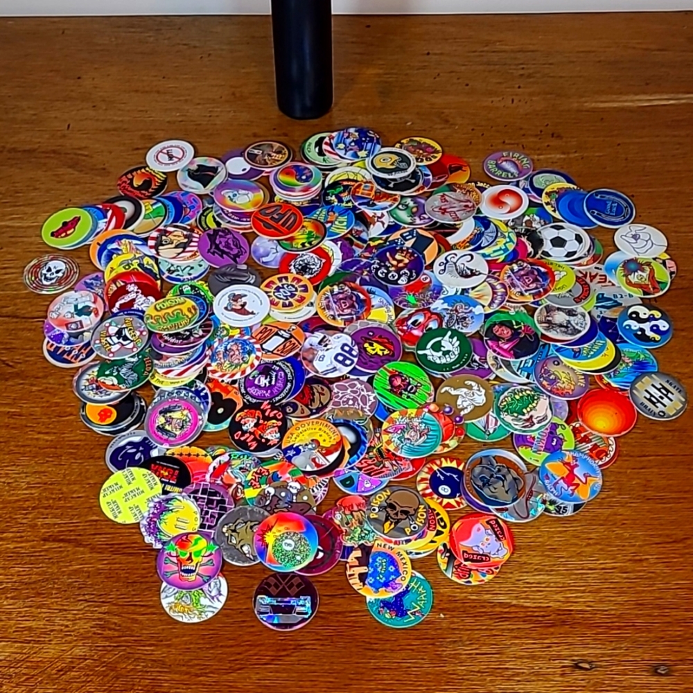 Lot of 300+ Pogs paper 1990s Vintage Various Brands, with case